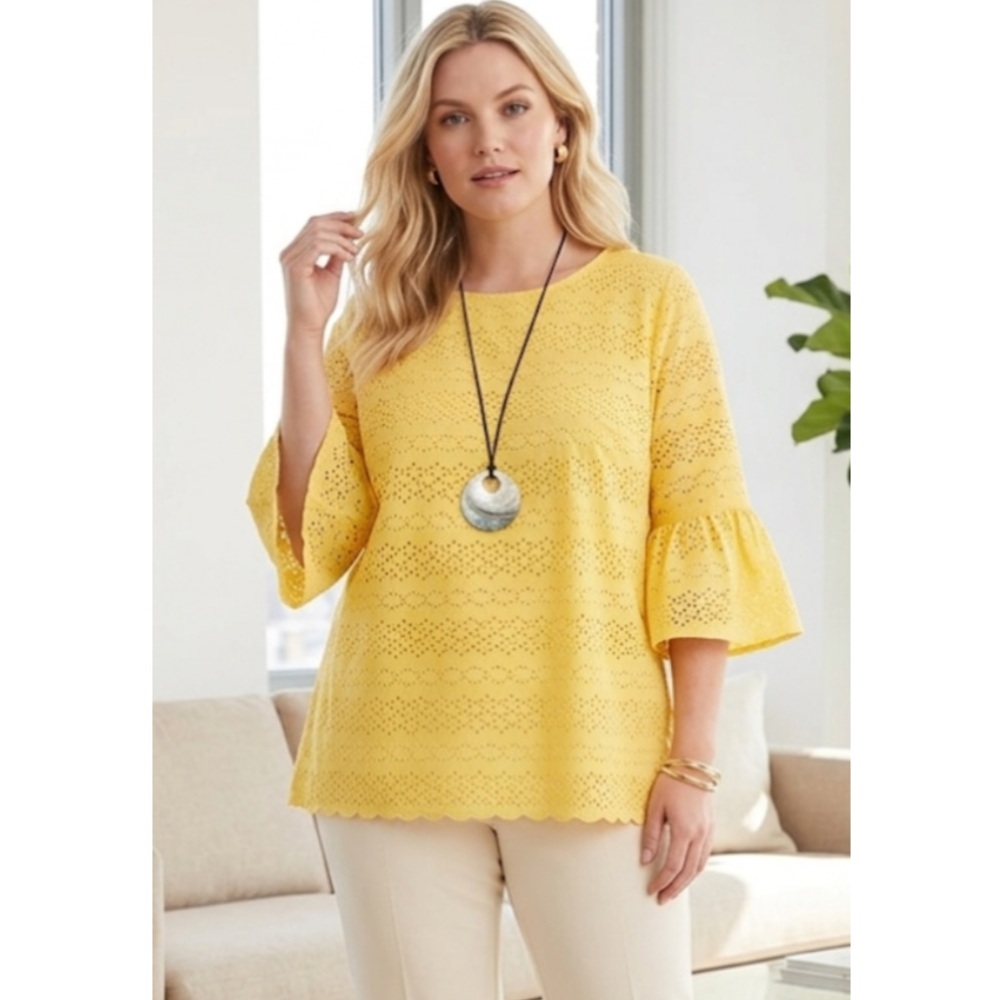 Talbots Eyelet Flounce Sleeve Top Goldenrod